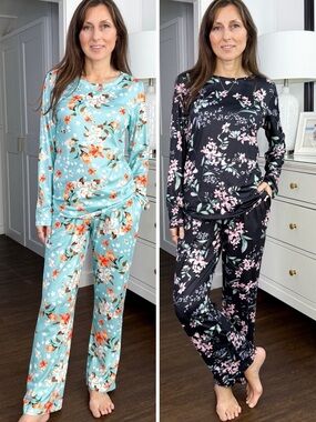 Ekouaer Floral Long-Sleeve Pajama Set of 2 in Aqua & Black